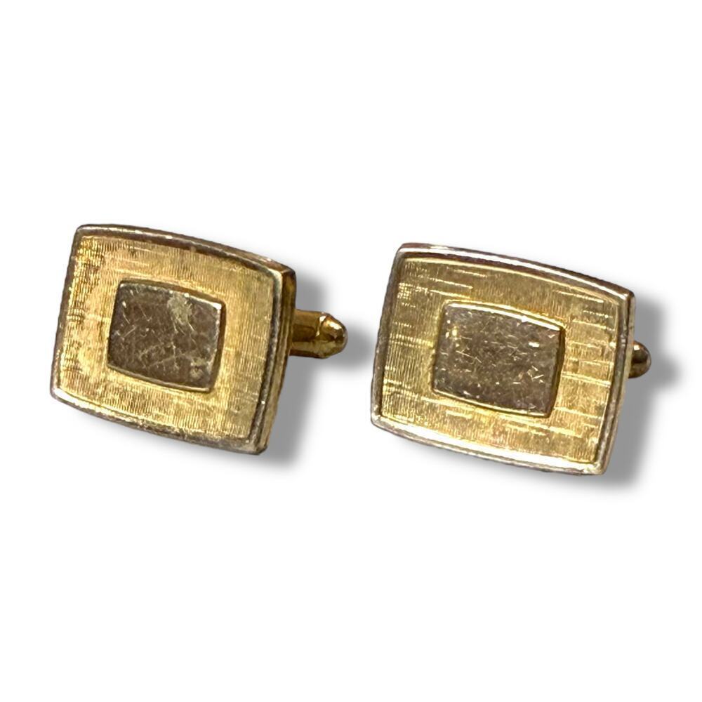 Vintage Anson Cufflinks Mens Gold Tone Polished and Cross-Hatched Rectangle